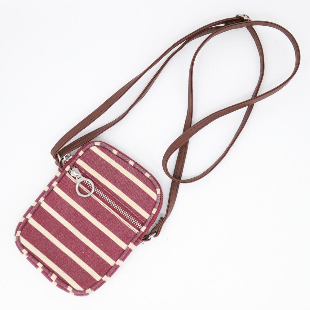 On the Go Crossbody Handbag Women Mini Red Striped Canvas Mobile Phone Pouch
